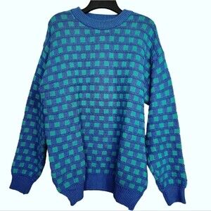 Vintage Izod Chunky Knit Checkered Textured Sweater Made in England M